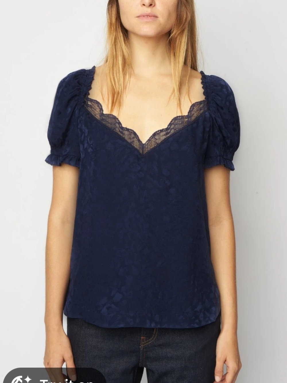 Zadig & Voltaire Navy Lace Trim Puff Sleeve Silk Brocade Spot Top Sz S